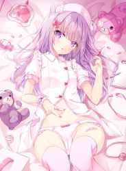 Rule 34 | 1girl, :o, animal ears, bandages, bandaid, bandaid on hand, bandaid on leg, bear ears, bed sheet, blush, bow, bow panties, breasts, cameltoe, clipboard, collared dress, commentary request, dress, eyepatch, frilled hat, frilled panties, frills, groin, hair ornament, hat, heart, holding, holding syringe, hoshi (snacherubi), long hair, looking at viewer, lying, medical eyepatch, nail polish, navel, nurse, nurse cap, on back, open clothes, open dress, original, panties, parted lips, pencil, pill, pink thighhighs, puffy short sleeves, puffy sleeves, purple eyes, purple hair, purple nails, short sleeves, small breasts, solo, spread navel, stethoscope, stuffed animal, stuffed toy, syringe, teddy bear, thighhighs, underwear, white dress, white hat, white panties, wrist cuffs, x hair ornament