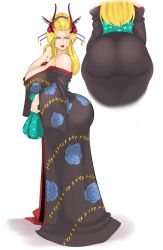 Rule 34 | 1girl, absurdres, artist request, ass, bare shoulders, black maria (one piece), blonde hair, blue eyes, breasts, cleavage, floral print, hair ornament, highres, huge ass, japanese clothes, kimono, large breasts, long hair, one piece, red lips, simple background, solo, sunnysundown, white background