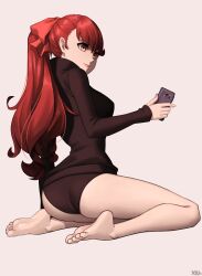 Rule 34 | 1girl, absurdres, ass, barefoot, cellphone, feet, highres, light smile, long hair, persona, persona 5, phone, ponytail, red eyes, red hair, smartphone, soles, toes, x xith x, yoshizawa kasumi