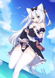 Rule 34 | 1girl, animal ears, azur lane, bare shoulders, bird, black bow, black dress, black panties, black skirt, blue sky, bow, bow panties, breasts, cat ears, cat tail, chan&#039;nu, cleavage, cloud, commentary request, cross-laced clothes, cross-laced panties, day, detached sleeves, dress, fang, frilled panties, frilled skirt, frills, green eyes, hair bow, hammann (azur lane), highres, long hair, looking at viewer, ocean, open mouth, outdoors, panties, pantyshot, puffy short sleeves, puffy sleeves, seagull, short sleeves, sidelocks, silver hair, skirt, sky, small breasts, solo, standing, standing on liquid, standing on one leg, tail, tearing up, thighhighs, two side up, underwear, water, white thighhighs, wrist cuffs
