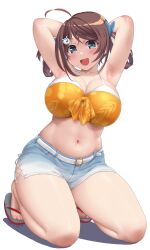 Rule 34 | 1girl, ahoge, armpits, arms behind head, barefoot, bikini, blue shorts, blush, breasts, brown hair, chougei (kancolle), cleavage, collarbone, dated, dd (ijigendd), grey eyes, hair ornament, highres, kantai collection, kneeling, large breasts, looking at viewer, navel, open mouth, orange bikini, sandals, short hair, shorts, signature, simple background, smile, solo, swimsuit, toes, twitter username, white background