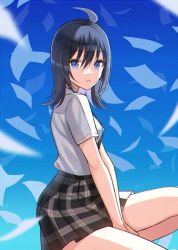 Rule 34 | 1girl, ahoge, black hair, black skirt, blue eyes, breasts, collared shirt, commentary request, hair between eyes, looking at viewer, looking to the side, minatoasu, necktie, original, parted lips, plaid, plaid skirt, pleated skirt, school uniform, shirt, short sleeves, skirt, small breasts, solo, white shirt