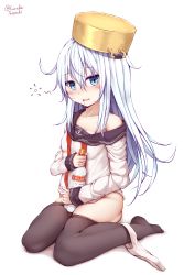 Rule 34 | 1girl, absurdres, alcohol, anchor symbol, black sailor collar, black thighhighs, blue eyes, blush, bottle, breasts, commentary request, drunk, hair between eyes, hibiki (kancolle), highres, kantai collection, long hair, multiple girls, neckerchief, no pants, open mouth, panties, panties around leg, pot, pot on head, sailor collar, school uniform, serafuku, silver hair, simple background, sitting, small breasts, smile, solo, squeans, tateishi kureha, thighhighs, underwear, vodka, white background