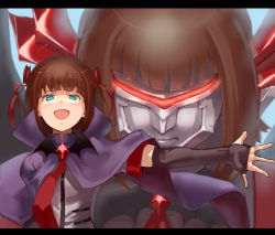 Rule 34 | 1girl, :d, amami haruka, aqua eyes, bow, brown hair, cape, dark haruka, elbow gloves, fingerless gloves, gloves, harustein, idolmaster, idolmaster (classic), jyon, letterboxed, mecha, mujin gattai kisaragi, necktie, open mouth, outstretched arm, outstretched hand, robot, smile