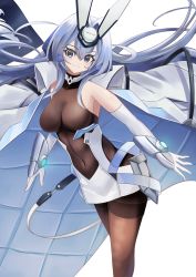 Rule 34 | 1girl, :3, armpit crease, azur lane, bare shoulders, blue eyes, blue hair, bodystocking, breasts, center opening, closed mouth, coat, coat on shoulders, commentary, covered collarbone, covered navel, cowboy shot, dress, elbow gloves, gloves, hair between eyes, hair intakes, headgear, highres, large breasts, long hair, looking at viewer, manjirou (manji illust), new jersey (azur lane), pantyhose, revision, sidelocks, simple background, sleeveless, smile, solo, standing, thighband pantyhose, vambraces, white background, white coat, white dress, white gloves