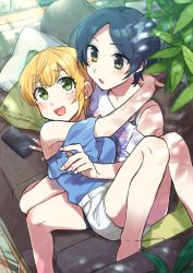 Rule 34 | 2girls, :d, arms around neck, bare shoulders, black hair, blonde hair, blush, breasts, cellphone, couch, cushion, feet out of frame, from above, green eyes, hayami kanade, highres, idolmaster, idolmaster cinderella girls, lying on person, miyamoto frederica, multiple girls, off shoulder, open mouth, parted bangs, phone, plant, ponpoko, potted plant, short hair, sitting, smartphone, smile