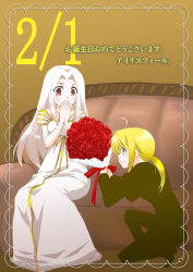 Rule 34 | 2girls, artoria pendragon (all), artoria pendragon (fate), birthday, blonde hair, blue eyes, blush, bouquet, covering face, covering own mouth, covering privates, dress, fate/zero, fate (series), flower, formal, fujisawa hikaru, irisviel von einzbern, irisviel von einzbern (angel&#039;s song), long hair, multiple girls, pant suit, pants, ponytail, red eyes, saber (fate), suit, white hair