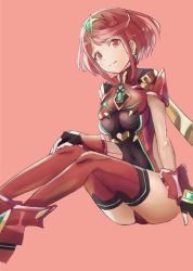 Rule 34 | 1girl, artist request, blush, breasts, earrings, fingerless gloves, gloves, hair ornament, jewelry, looking at viewer, medium breasts, nintendo, pyra (xenoblade), red eyes, red hair, short hair, shorts, sidelocks, simple background, sitting, smile, solo, tiara, xenoblade chronicles (series), xenoblade chronicles 2, xenoblade chronicles (series), xenoblade chronicles 2