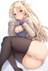 Rule 34 | 1girl, ass, azur lane, beige coat, black thighhighs, blonde hair, blue gloves, blush, breasts, censored, cleavage, cleavage cutout, cleveland (azur lane), clothing cutout, coat, fingerless gloves, gloves, hair ornament, long hair, long sleeves, looking at viewer, lying, medium breasts, mosaic censoring, nipples, on side, one side up, open clothes, open coat, parted bangs, pink scarf, purple sweater, pussy, pussy juice, red eyes, ribbed sweater, sayika, scarf, side ponytail, skirt, smile, solo, sweater, thighhighs, thighs