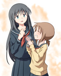 Rule 34 | 2girls, black hair, black serafuku, blue hair, blue sailor collar, blue skirt, blush, brown hair, brown sweater, closed mouth, cowboy shot, dairi, eating, food, food on face, grin, hand on own chest, height difference, holding, holding food, long hair, long sleeves, looking at another, multiple girls, neckerchief, open mouth, original, pleated skirt, red neckerchief, roasted sweet potato, sailor collar, school uniform, serafuku, short hair, short ponytail, sidelocks, skirt, smile, steam, sweater, sweet potato, very long hair, yuri