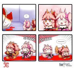 Rule 34 | 3girls, :o, animal ear fluff, animal ears, animal hands, beast iv:l, bell, black footwear, blush, bow, cat paws, collar, commentary, copyright name, covered eyes, english commentary, fang, fate/grand order, fate (series), fox ears, fox girl, fox tail, glasses, gloves, hair bow, highres, japanese clothes, jingle bell, keita naruzawa, kimono, koyanskaya (fate), koyanskaya (lostbelt beast:iv) (fate), looking at another, multiple girls, neck bell, off shoulder, open mouth, orange eyes, paw gloves, paw shoes, pink bow, pink hair, pink kimono, red bow, red kimono, tail, tamamo (fate), tamamo cat (fate), tamamo cat (first ascension) (fate), teeth, upper teeth only