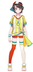 Rule 34 | 1girl, asymmetrical legwear, baseball cap, blouse, blue eyes, brown hair, closed mouth, full body, hat, high tops, hololive, kneehighs, looking at viewer, megaphone, mismatched legwear, multicolored shirt, official art, oozora subaru, oozora subaru (1st costume), shigure ui, shirt, shoes, short hair, short shorts, short sleeves, shorts, sideways hat, single thighhigh, sneakers, socks, solo, standing, stopwatch, straight-on, striped clothes, striped shirt, thighhighs, thighs, tied shirt, tomboy, transparent background, uneven legwear, v-neck, vertical-striped clothes, vertical-striped shirt, virtual youtuber, watch, white footwear, white shorts, white socks, yellow shirt