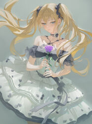 Rule 34 | 1girl, absurdres, aqua eyes, bangsom, bare shoulders, black scrunchie, blonde hair, blush, breasts, closed mouth, commentary, commentary request, dress, english commentary, flower, flower ornament, grey background, hair ornament, hair scrunchie, highres, holding, holding flower, layered dress, long hair, looking at viewer, mixed-language commentary, mole, mole under eye, off-shoulder dress, off shoulder, original, purple flower, purple rose, revision, rose, scrunchie, simple background, small breasts, solo, twintails, white dress