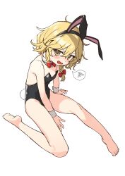 Rule 34 | 1girl, animal ears, barefoot, black leotard, blonde hair, blush, braid, commentary, detached collar, fake animal ears, fake tail, feet, full body, hair between eyes, highres, jill 07km, kirisame marisa, legs, leotard, long hair, open mouth, petite, protected link, rabbit ears, rabbit tail, simple background, single braid, solo, strapless, strapless leotard, symbol-only commentary, tail, toenails, toes, touhou, white background, wrist cuffs, yellow eyes