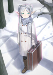 Rule 34 | 1girl, absurdres, bare tree, black pantyhose, boots, briefcase, brown footwear, coat, dangle earrings, day, drop earrings, earrings, elf, footprints, forest, frieren, green eyes, grey hair, grey scarf, highres, jewelry, mohe er~, nature, outdoors, pantyhose, pointy ears, scarf, snow, solo, sousou no frieren, tree, twintails, walking, white coat, winter