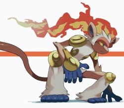Rule 34 | blue eyes, closed mouth, colored sclera, creatures (company), fire, game freak, gen 4 pokemon, gogot, highres, infernape, looking down, nintendo, pokemon, pokemon (creature), solo, spread legs, squatting, white background, yellow sclera
