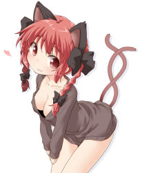 Rule 34 | 1girl, alternate costume, animal ears, bent over, black dress, blush, bow, braid, breasts, cat ears, cat tail, cleavage, collarbone, downblouse, dress, extra ears, hair bow, heart, kaenbyou rin, looking at viewer, multiple tails, naked sweater, natsu no koucha, no bra, red eyes, red hair, simple background, solo, sweater, tail, touhou, twin braids, white background