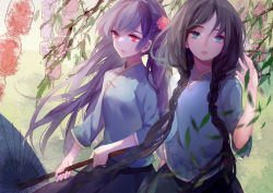 Rule 34 | 2girls, black skirt, blue eyes, blue shirt, blue umbrella, braid, character request, closed mouth, flower, hair flower, hair ornament, highres, holding, holding umbrella, lips, long hair, looking at viewer, low twin braids, multiple girls, parted lips, pink eyes, pink flower, purple hair, shirt, skirt, sylvia (huajiuhuajiu), twin braids, umbrella, very long hair, vocaloid