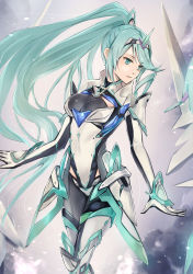 Rule 34 | 1girl, breasts, chest jewel, earrings, gloves, green eyes, green hair, highres, jewelry, large breasts, long hair, pneuma (xenoblade), ponytail, solo, swept bangs, tiara, uyumizyunco, very long hair, xenoblade chronicles (series), xenoblade chronicles 2
