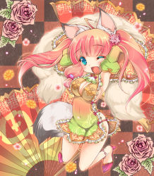 Rule 34 | 1girl, animal ears, blue eyes, blush, breasts, checkered background, china dress, chinese clothes, dress, flower, fox ears, fox tail, high heels, kinoko crown, large breasts, one eye closed, open mouth, original, pink hair, rose, smile, solo, tail