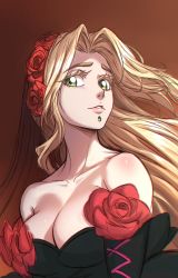 Rule 34 | black dress, black sleeves, blonde hair, breasts, brown background, chin piercing, cleavage, commentary, detached sleeves, dia de muertos, dress, english commentary, eyelashes, fate/grand order, fate (series), flower, green eyes, hair flower, hair ornament, highres, large breasts, long hair, looking at viewer, quetzalcoatl (fate), red flower, red rose, rose, upper body, zantyarz