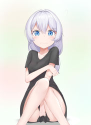 Rule 34 | 1girl, absurdres, bare legs, black dress, blue eyes, blush, commentary request, covering privates, covering crotch, dress, hair between eyes, highres, honkai (series), honkai impact 3rd, long hair, looking at viewer, lrichle, short dress, silver hair, solo, theresa apocalypse, wavy mouth, white background