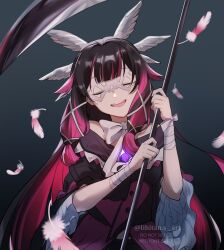Rule 34 | 1girl, alternate costume, black hair, bow, bowtie, columbina (genshin impact), commentary, dark background, dress, english commentary, eye mask, facing viewer, falling feathers, feathers, genshin impact, hair ornament, highres, holding, holding scythe, lihito kamizawa, medium hair, multicolored hair, open mouth, pink hair, purple dress, scythe, simple background, smile, solo, streaked hair, teeth, twitter username, two-tone hair, upper body, upper teeth only, white bow, white bowtie, white mask, wide sleeves, wing hair ornament, wrist bow, wrist wrap, x hair ornament