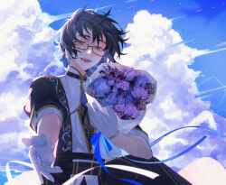 Rule 34 | 1boy, :d, anight, aoba tsumugi, backlighting, beckoning, belt, belt chain, black belt, black coat, black hair, black vest, blue flower, blue ribbon, blue rose, blue shirt, bouquet, brown-framed eyewear, chain, cloud, coat, commentary request, day, ensemble stars!, flower, glasses, gloves, gold trim, green eyes, hair between eyes, highres, holding, holding bouquet, idol clothes, jacket, lens flare, looking at viewer, male focus, mandarin collar, official alternate costume, open mouth, partial commentary, patterned clothing, purple flower, purple rose, ribbon, rose, shirt, short hair, sleeves past elbows, smile, solo, teeth, upper body, upper teeth only, vest, white gloves, white jacket, wind, wing earrings