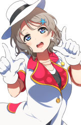 Rule 34 | 10s, 1girl, :d, bad id, bad pixiv id, blue eyes, earrings, finger gun, flower, gloves, grey hair, hair flower, hair ornament, hat, icehotmilktea, jewelry, looking at viewer, love live!, love live! school idol festival, love live! sunshine!!, mirai ticket, open mouth, pendant, pointing, pointing up, short hair, short sleeves, simple background, smile, solo, upper body, watanabe you, white background, white gloves, white hat