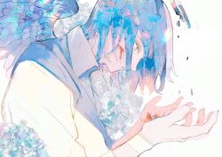 Rule 34 | 1boy, angel, angel wings, blood, blue flower, blue hair, collared shirt, feathered wings, flower, from side, halo, hands up, hydrangea, jpeg artifacts, looking down, male focus, original, parted lips, profile, shirt, short hair, simple background, solo, somaz, upper body, white background, white shirt, wings