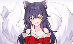 Rule 34 | 1girl, absurdres, ahri (league of legends), animal ears, black hair, blush, breasts, cleavage, collarbone, facial mark, fang, fingernails, fox ears, fox girl, fox tail, gradient background, hair between eyes, highres, league of legends, long hair, looking at viewer, medium breasts, multiple tails, open mouth, pelicana, sidelocks, simple background, skin fang, smile, solo, tail, upper body, whisker markings, yellow eyes