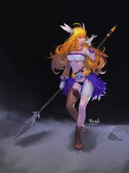 Rule 34 | 1girl, ankle boots, antenna hair, artist name, asymmetrical gloves, asymmetrical legwear, bandeau, bikini, black bikini, blonde hair, boots, bracelet, breasts, full body, fur trim, gloves, head wings, highres, holding, holding polearm, holding spear, holding weapon, jewelry, long hair, medium breasts, mouth hold, necklace, nose, original, polearm, solo, spear, standing, swimsuit, thigh boots, thighhighs, uneven gloves, uneven legwear, weapon, white gloves, wings, woo jin lee, yellow eyes