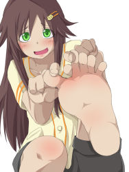Rule 34 | 1girl, :d, artist request, barefoot, black shorts, brown hair, character request, copyright request, feet, foot focus, green eyes, grey background, hair ornament, hands on feet, holding own foot, long hair, looking at viewer, open mouth, shorts, simple background, smile, soles, solo, spread toes, toes