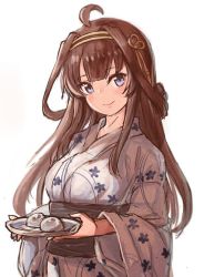 Rule 34 | 1girl, ahoge, alternate costume, baozi, breasts, brown hair, commentary request, double bun, food, hairband, head tilt, japanese clothes, kantai collection, kimono, kongou (kancolle), large breasts, long hair, looking at viewer, purple eyes, simple background, solo, upper body, white background, white kimono, wss (nicoseiga19993411), yukata