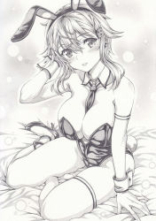 Rule 34 | 1girl, animal ears, blush, breasts, cleavage, detached collar, fake animal ears, fake tail, graphite (medium), high heels, legs, leotard, looking at viewer, mikuro, monochrome, playboy bunny, rabbit ears, rabbit tail, short hair, single thighhigh, sinon, solo, strapless, strapless leotard, sword art online, tail, thighhighs, traditional media, wrist cuffs