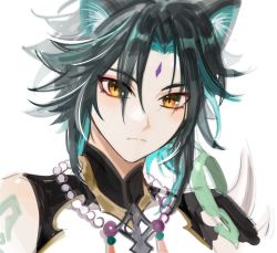 Rule 34 | 1boy, animal ears, arm tattoo, armor, bead necklace, beads, black hair, blue hair, facial mark, forehead mark, fractalmagnolia, genshin impact, jewelry, looking at viewer, male focus, multicolored hair, necklace, shoulder armor, simple background, sketch, solo, spikes, tassel, tattoo, upper body, white background, xiao (genshin impact), yellow eyes