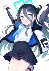 Rule 34 | 1girl, :d, absurdres, aqua halo, aqua necktie, aris (blue archive), arms up, black hair, black skirt, blue archive, blue eyes, blush, collared shirt, commentary request, cowboy shot, hair between eyes, halo, highres, jacket, long hair, long hair between eyes, long sleeves, miniskirt, necktie, nontraditional halo, open clothes, open jacket, open mouth, pleated skirt, school uniform, shirt, shoes, simple background, skirt, smile, solo, teeth, thighs, very long hair, white background, white shirt
