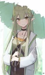 Rule 34 | 1girl, arknights, black choker, black skirt, blush, breasts, choker, coat, collarbone, green hair, green shirt, hair between eyes, highres, holding, holding umbrella, lab coat, laurels, long hair, looking at viewer, matchadzuke, mole, mole under eye, muelsyse (arknights), open clothes, open coat, pointy ears, shirt, simple background, skirt, small breasts, smile, solo, umbrella, upper body, very long hair, white background, white coat, yellow eyes