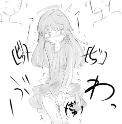 Rule 34 | 1girl, @ @, ahoge, between legs, blush, breasts, clenched hand, clothes lift, covering own mouth, embarrassed, female focus, greyscale, hand between legs, hand up, have to pee, japanese text, long hair, long sleeves, miniskirt, monochrome, nose blush, open mouth, original, panties, pleated skirt, simple background, sketch, skirt, skirt lift, small breasts, solo focus, speech bubble, standing, sweat, sweater, t=k, tears, thigh gap, translation request, trembling, underwear, white background, wind, wind lift
