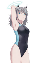 Rule 34 | 1girl, animal ear fluff, animal ears, armpits, arms up, bare arms, bare shoulders, black one-piece swimsuit, blue archive, blue eyes, breasts, covered navel, grey hair, groin, hair ornament, halo, long hair, looking at viewer, mattaku mousuke, medium breasts, one-piece swimsuit, parted lips, shiroko (blue archive), shiroko (swimsuit) (blue archive), simple background, solo, swimsuit, twitter username, white background