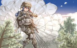 Rule 34 | 1girl, a-545, absurdres, animal ears, black gloves, blue hair, blue sky, blurry, braid, chinese commentary, commentary request, dated, depth of field, earclip, fingerless gloves, gloves, gun, hat, highres, knee pads, long hair, long sleeves, military, military uniform, open mouth, outdoors, parachute, pzgr.40, rabbit ears, rabbit girl, red eyes, seiran (touhou), signature, sky, solo, tactical clothes, touhou, twin braids, uniform, weapon