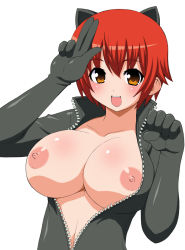 Rule 34 | 1girl, animal ears, bodysuit, breasts, breasts out, cat ears, catsuit, eyes visible through hair, female focus, happy, highres, huge breasts, looking at viewer, mew (spy girl), nipples, red hair, shishimaru ken&#039;ya, short hair, simple background, smile, solo, source request, spy girl (konami), unzipped, white background, zipper