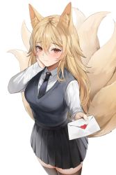 Rule 34 | 1girl, absurdres, animal ear fluff, animal ears, black necktie, black skirt, black thighhighs, black vest, blonde hair, blush, breasts, closed mouth, collared shirt, cowboy shot, envelope, fox ears, fox girl, fox tail, hair between eyes, hand on own face, heart, highres, holding, holding envelope, indoors, korean commentary, letter, lillly, long hair, long sleeves, looking at viewer, love letter, medium breasts, multiple tails, necktie, original, outstretched hand, pleated skirt, red eyes, school uniform, shirt, simple background, skirt, solo, tail, taut clothes, thighhighs, vest, white background, white shirt, zettai ryouiki