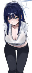 1girl :/ absurdres alternate_costume arms_behind_back black_leggings blue_archive blue_eyes blue_hair blush breasts cleavage collarbone commentary feet_out_of_frame grey_halo guwall halo highres large_breasts leaning_forward leggings long_hair looking_at_viewer low_neckline midriff mole mole_on_breast navel saori_(blue_archive) shirt simple_background solo straight_hair thigh_gap very_long_hair white_background white_shirt