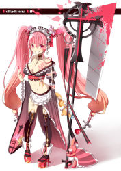 Rule 34 | 1girl, apron, axe, battle axe, black thighhighs, blood, bloody weapon, breasts, choker, cleavage, cross, facial tattoo, fingernails, flower, grin, hair flower, hair ornament, hair ribbon, hattori masaki, high heels, highres, jewelry, large breasts, long fingernails, long hair, long sleeves, looking at viewer, low-tied long hair, maid headdress, middle finger, midriff, nail polish, navel, necklace, original, pink eyes, pink hair, platform clogs, platform footwear, polearm, red nails, ribbon, shirt, shoes, skirt, smile, solo, stuffed animal, stuffed rabbit, stuffed toy, tattoo, thighhighs, twintails, very long hair, waist apron, weapon