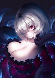 Rule 34 | 1girl, big hair, breasts, bright pupils, cleavage, closed mouth, commentary request, dress, grey hair, hair over one eye, highres, large breasts, looking at viewer, original, pale skin, red dress, red eyes, short hair, smile, solo, tentacles, totoya z