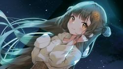 Rule 34 | 1girl, blush, brown eyes, brown hair, brown skirt, cheli (kso1564), closed mouth, collarbone, copyright request, dutch angle, floating hair, hair ornament, hairclip, hands up, highres, hood, hood down, hoodie, long hair, long sleeves, night, night sky, official art, outdoors, plaid, plaid skirt, skirt, sky, sleeves past wrists, smile, solo, star (sky), starry sky, upper body, very long hair, white hoodie