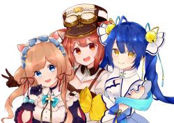 Rule 34 | 3girls, ahoge, amamiya kokoro, animal ears, bell, black gloves, blue bow, blue eyes, blue hair, blue nails, blush, bow, breasts, brown gloves, brown hair, cleavage, cleavage cutout, closed mouth, clothing cutout, eli conifer, fang, flower, gloves, goggles, goggles on headwear, hair bell, hair ornament, hair ribbon, hat, headdress, jingle bell, large breasts, light brown hair, long hair, long sleeves, looking at viewer, low twintails, multicolored hair, multiple girls, nail polish, nijisanji, open mouth, orange eyes, puffy short sleeves, puffy sleeves, ratna petit, red panda ears, red ribbon, ribbon, shawl, shimaji noma, short sleeves, simple background, skin fang, smile, streaked hair, twintails, upper body, v, virtual youtuber, white background, white flower, white hair, white ribbon, yellow eyes