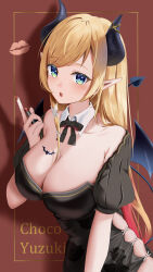 Rule 34 | 1girl, absurdres, bat tattoo, black horns, black leotard, blonde hair, blowing kiss, bow, bowtie, breast tattoo, breasts, character name, cleavage, cosmetics, demon girl, demon horns, demon tail, demon wings, detached collar, hair ornament, highres, holding, holding lipstick tube, hololive, horns, juliet sleeves, komiya latte, large breasts, leotard, lipstick mark, lipstick tube, long hair, long sleeves, looking at viewer, nail polish, off shoulder, parted lips, pointy ears, puffy sleeves, red background, red nails, skin tight, solo, swept bangs, tail, tattoo, virtual youtuber, wings, x hair ornament, yuzuki choco