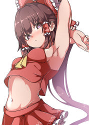 Rule 34 | absurdres, armpits, blush, bow, breasts, brown hair, commentary request, eyes visible through hair, gokuu (acoloredpencil), hair ornament, hakurei reimu, highres, long hair, looking at viewer, looking down, midriff, purple eyes, red bow, red shirt, red skirt, shirt, simple background, skirt, sleeveless, sleeveless shirt, small breasts, solo, tagme, touhou, white background